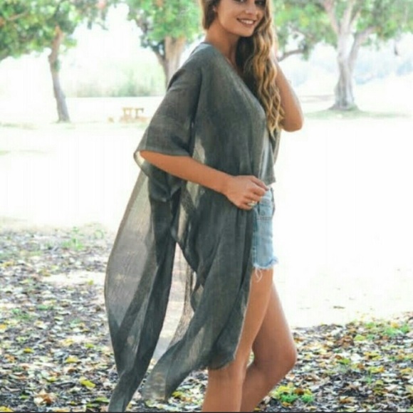 Charcoal gray embroidered raw hem bohemian kimono One Size OS - Picture 2 of 4